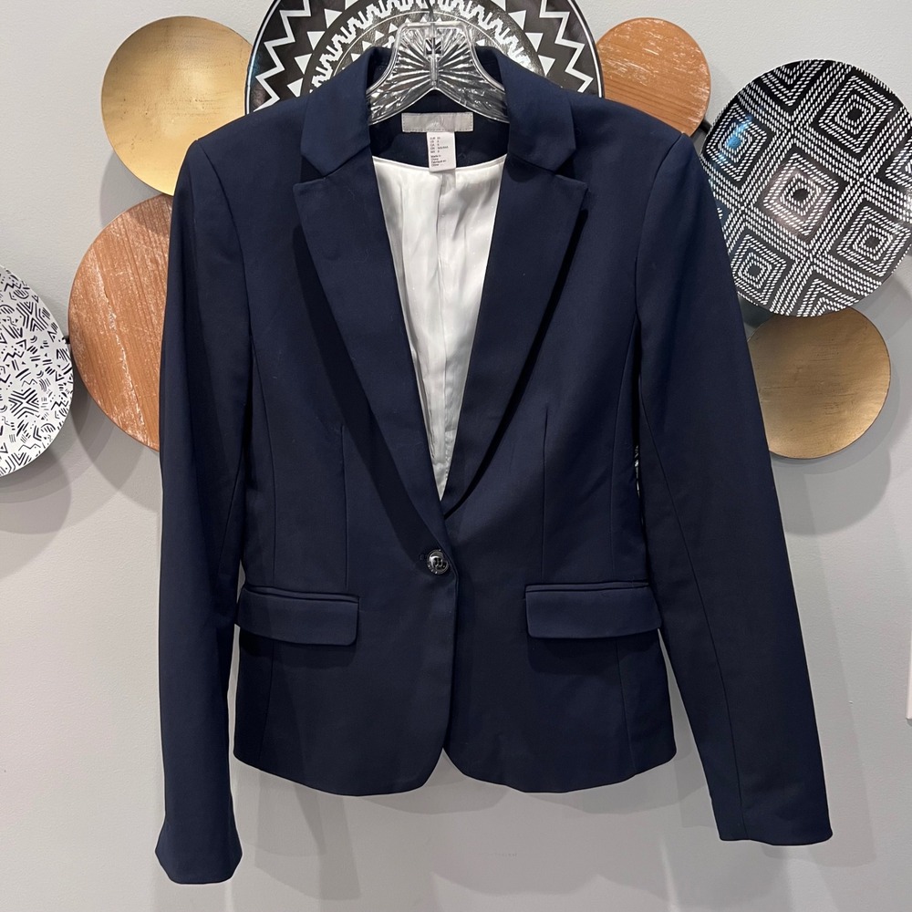 HM Womens Navy Blue Single Button Tailored Blazer Jacket Size 6 Notch Lapel
